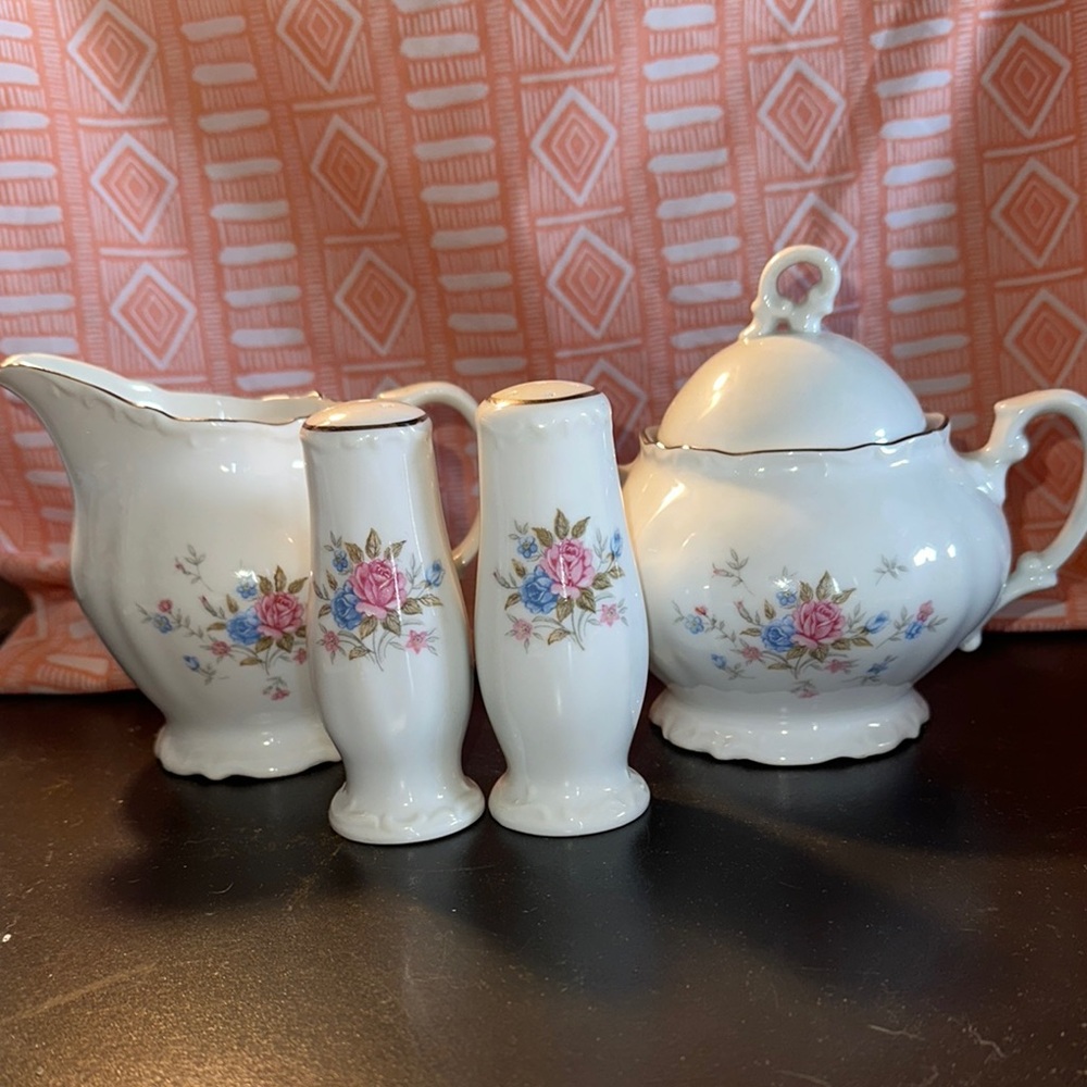 Floral Porcelain Set with Creamer Sugar dish and Shakers
